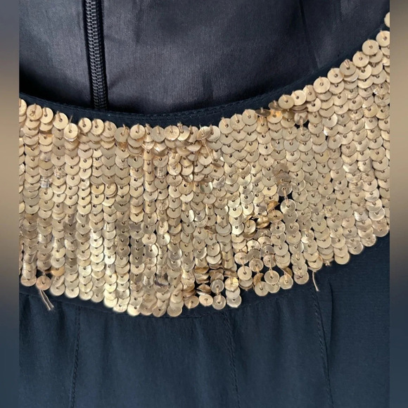 Nanette Lepore | silk | sequin | rosette | navy | gold | dress | size 4 - Picture 4 of 14